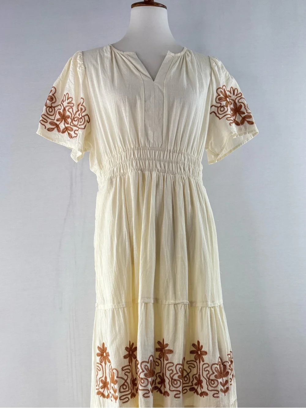 Polagram Cream & Brown Embroidered Notch Neck Short Sleeve Maxi Dress